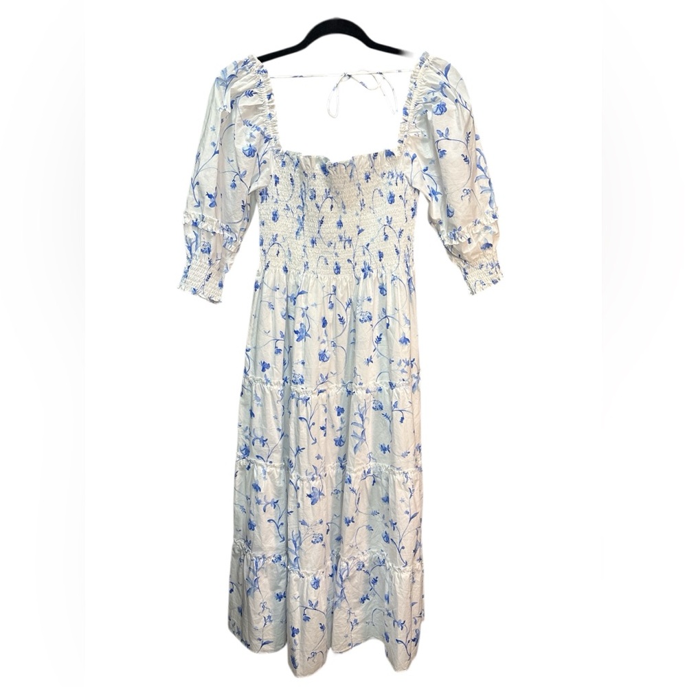 Hill House Home Nesli Nap Dress Blue Botanical Smocked Midi MSRP $175 XS - Picture 5 of 5